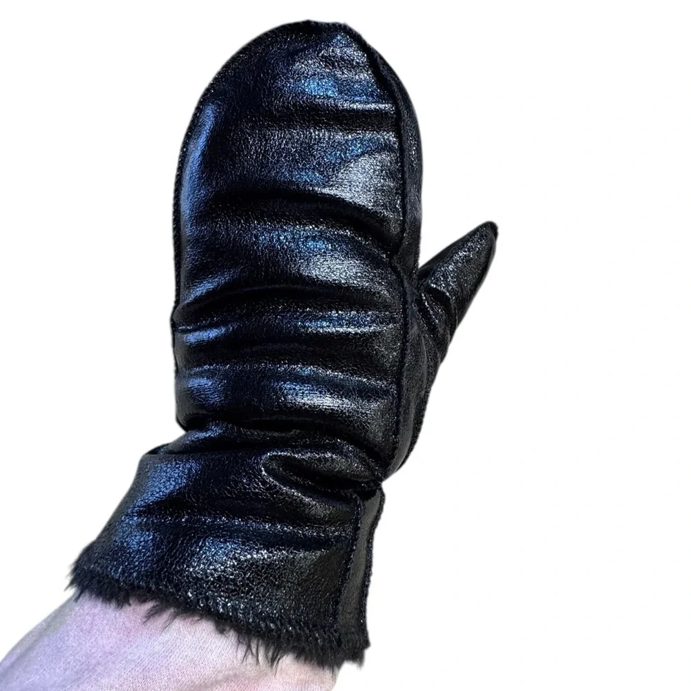 Anthropologie Mittens Shimmering Metallic Black Faux Fur lined exclusive NWOT